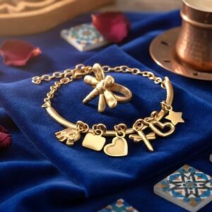 18K Matte Gold Plated Turkish Charm Bracelet Ring Set Dragonfly Heart Elephant